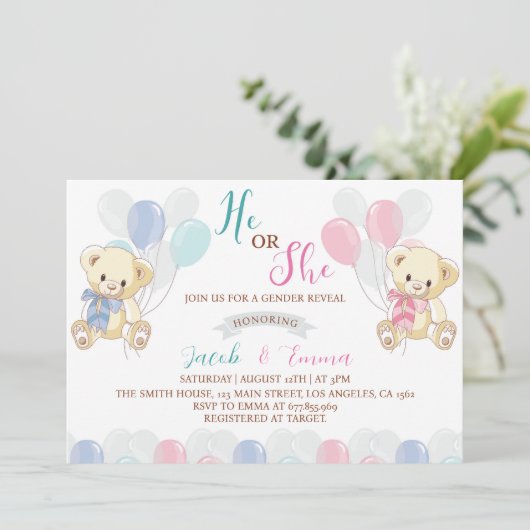 Little Teddy Bear Gender Offenlegung Einladung (Stehend Vorderseite)