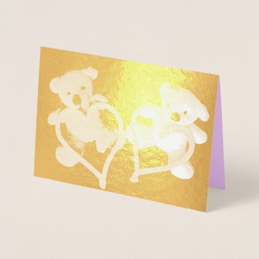 Little Teddy Bears and Hearts Gold Valentine Folienkarte (Vorderseite)