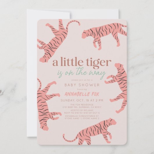 Little Tiger Modern Pink Girl Baby Dusche Einladung (Vorderseite)