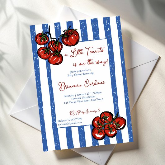 Little tomato blue stripes Italian baby shower Einladung