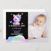 Little Unicorn Rainbow Birthday Einladungen Foto (Vorne/Hinten)