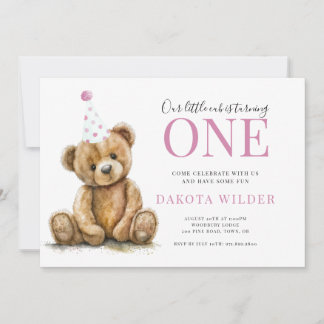 Little Watercolor Teddy Bear Girl 1. Geburtstag Einladung