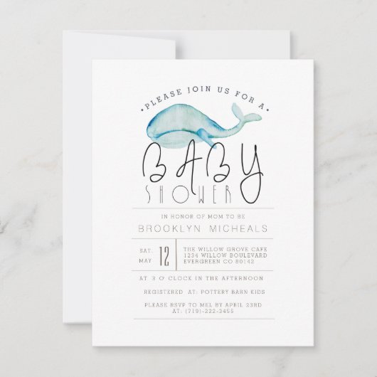 Little Whale Watercolor | Aquatic Baby Dusche Einladung (Vorderseite)