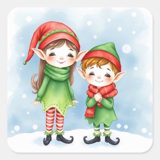 Little Whimsical Christmas Elves Quadratischer Aufkleber (Vorderseite)