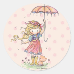 Little Whimsical Girl and Kitten in Rain Runder Aufkleber
