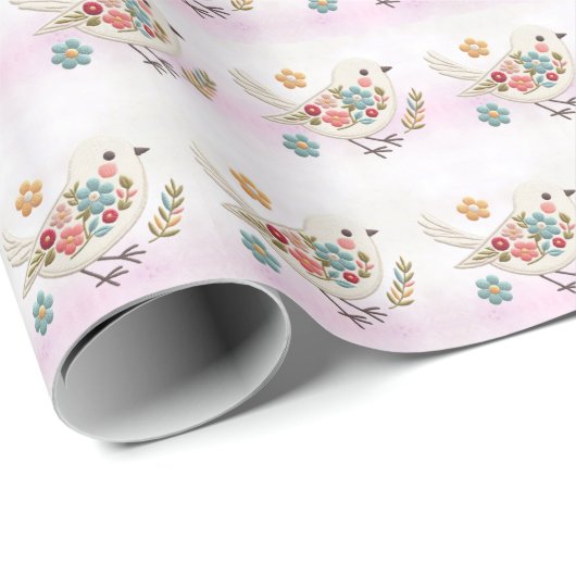 Little White Bird Floral Wrapping Paper Geschenkpapier (Rolleneckpunkt)