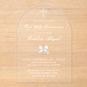 little white bow First Holy Communion Acryleinladungen (Vorderseite)