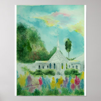 Little White Country Church Watercolor Poster