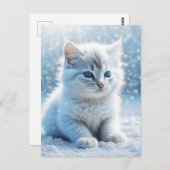Little White Kitten in Snow Weihnachten Postkarte (Vorne/Hinten)