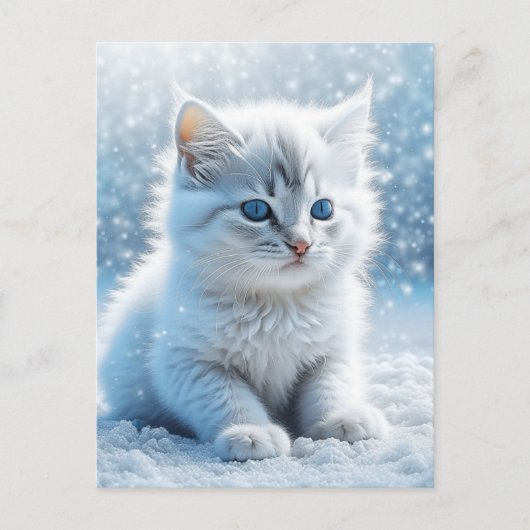 Little White Kitten in Snow Weihnachten Postkarte (Vorderseite)