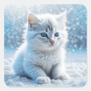 Little White Kitten in Snow Weihnachten Quadratischer Aufkleber