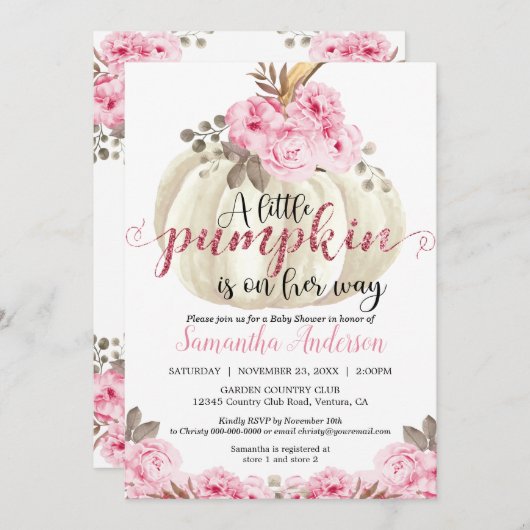 Little White Pumpkin Pink Floral Baby Dusche Einladung (Vorne/Hinten)