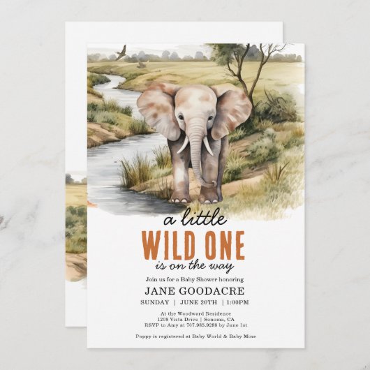 Little Wild One Elephant Baby Dusche Einladung (Vorne/Hinten)