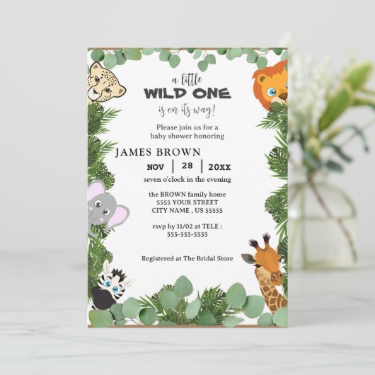Little Wild One Safari Animals Boy Baby Dusche Einladung (Stehend Vorderseite)