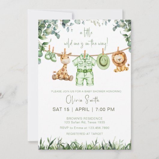 Little Wild One Safari Niedlicher Tiere Kinderdusc Einladung (Vorderseite)