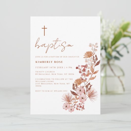 Little Wildblume Boho Terracotta Taufe Einladung (Stehend Vorderseite)