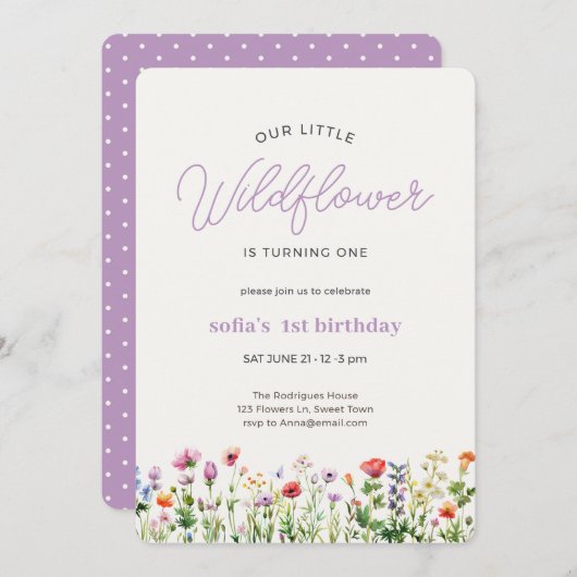 Little Wildblume Girl 1. Geburtstag Einladung (Vorne/Hinten)