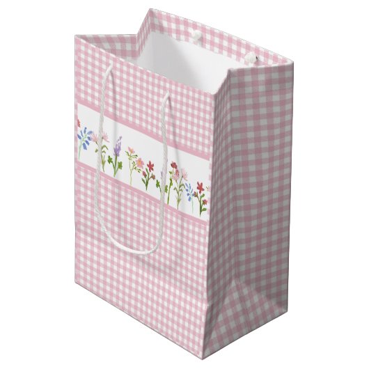 Little Wildblume Pink Gingham Karo Geschenktasche Mittlere Geschenktüte (Vorderseite Schrägansicht)