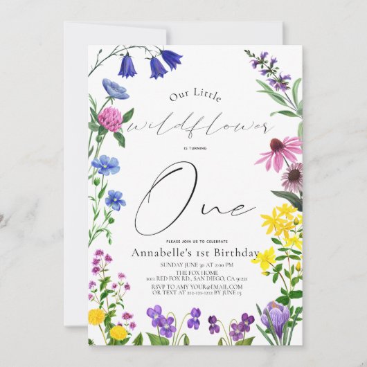 Little Wildblume Script 1. Geburtstag Einladung (Vorderseite)