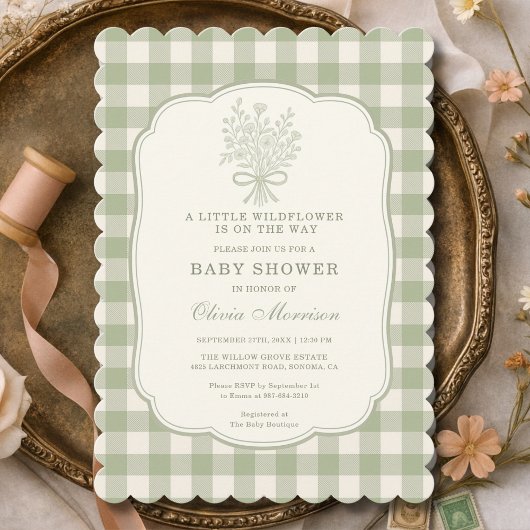 Little Wildflower Sage Green Gingham Baby Shower Einladung