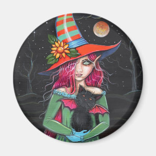 Little Wings Hexe and Winged Cat Halloween Art Magnet