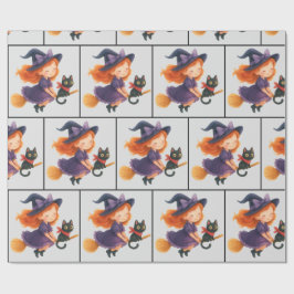 Little Witch Cat Flying Halloween Girl Baby Shower Geschenkpapier