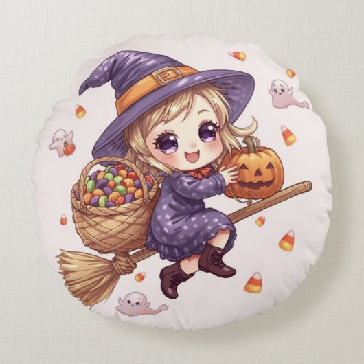 Little Witch with Pumpkin Round Pillow Rundes Kissen (Vorderseite)