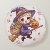 Little Witch with Pumpkin Round Pillow Rundes Kissen (Rückseite)