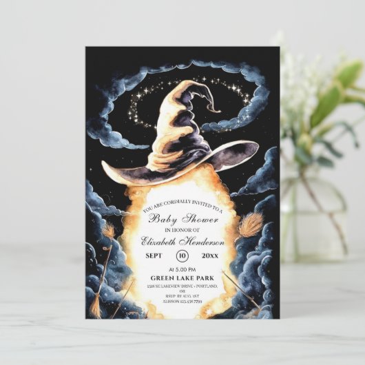Little Wizard Hat Baby Dusche Einladung (Stehend Vorderseite)