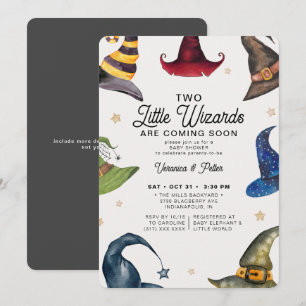 Little Wizards Twin Boy Gray Halloween Baby Shower Einladung