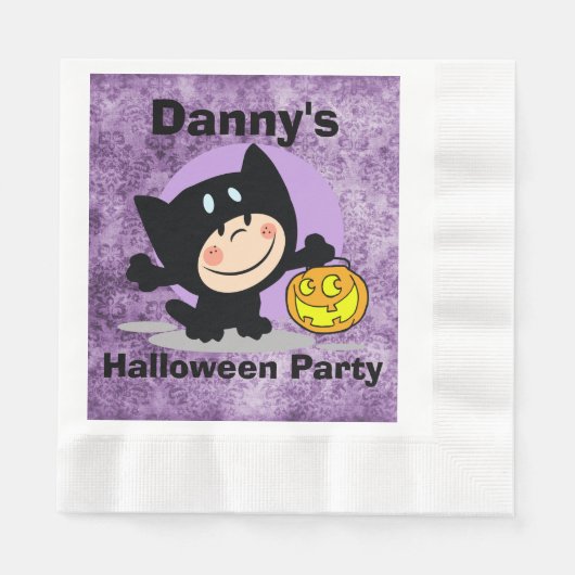 LittleBoy in Costume w/Pumpkin PurpleDamask Napkin Serviette (Vorderseite)