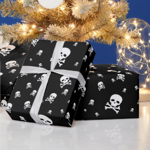 Littles Weiße Piratenschädel auf schwarzem Hinterg Geschenkpapier