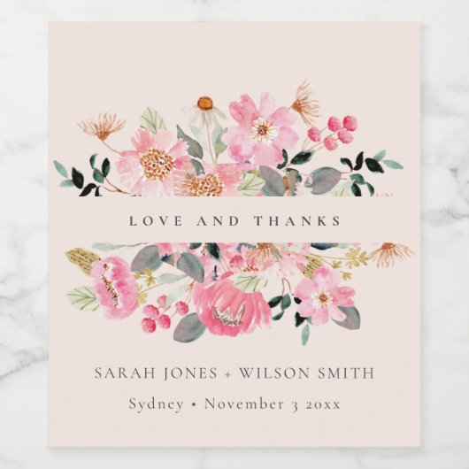 Live Blush Pink Wasserfarbe Blumenzwiebeln Dank Weinetikett (Einzelnes Label)