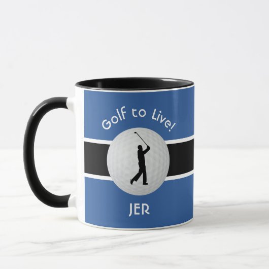 Live-Golf-Ball Golfer Abbildung Schwarz Blau Weiß Tasse (Links)