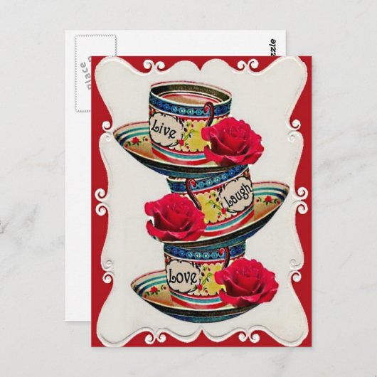 Live-Lachen Liebe Gestapelte Teakups Postkarte (Vorne/Hinten)
