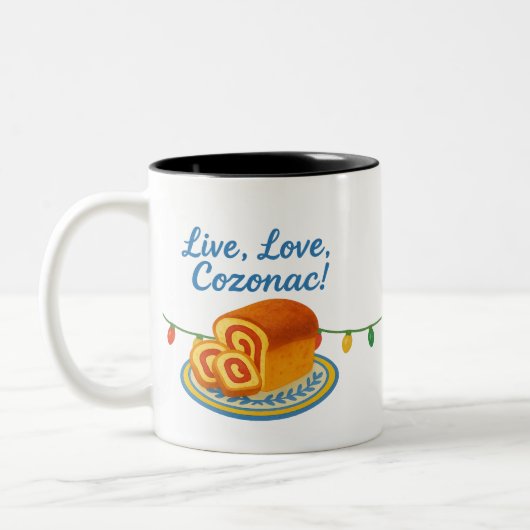Live Laugh Cozonac Romanian String lights Zweifarbige Tasse (Links)