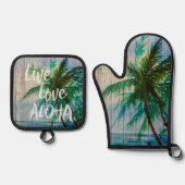 Live-Liebe Aloha Palm Tree Beach Zeichen Ofenhandschuh & Topflappen-Set (Vorderseite)