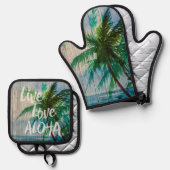 Live-Liebe Aloha Palm Tree Beach Zeichen Ofenhandschuh & Topflappen-Set (Vorderseite/Rückseite)