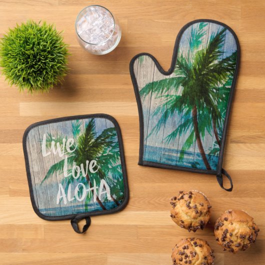Live-Liebe Aloha Palm Tree Beach Zeichen Ofenhandschuh & Topflappen-Set (Oben Unten)