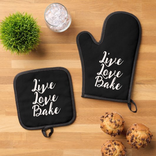 Live Liebe Bake Funny Schwarz-weiß Modern Script Ofenhandschuh & Topflappen-Set (Oben Unten)