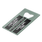 Live-Liebe Lachladen Ziel Brandgrafik Geldbeutel Flaschenöffner (Rückseite Schrägansicht)