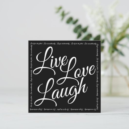 Live-Liebe Laugh Elegante White Script Black Card (Stehend Vorderseite)