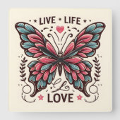 Live Life Liebe Square Schmetterlingswall Uhr (Vorderseite)