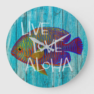 Live Love Aloha Tropical Fish Beach Sign Große Wanduhr