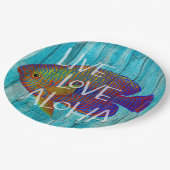 Live Love Aloha Tropical Fish Beach Sign Pappteller (Schrägansicht)
