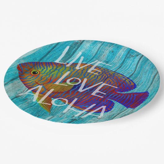 Live Love Aloha Tropical Fish Beach Sign Pappteller (Schrägansicht)