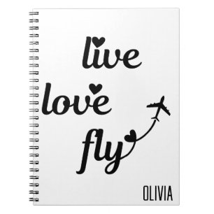 Live Love Fly Typografie & Herzen, Flugzeug fliegt Notizblock