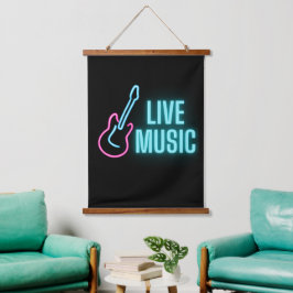 Live Music Neon Guitar Wandteppich Mit Holzrahmen