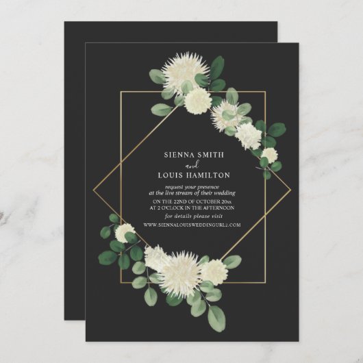 Live Stream Virtual Wedding Floral Botanical Gray Einladung (Vorne/Hinten)