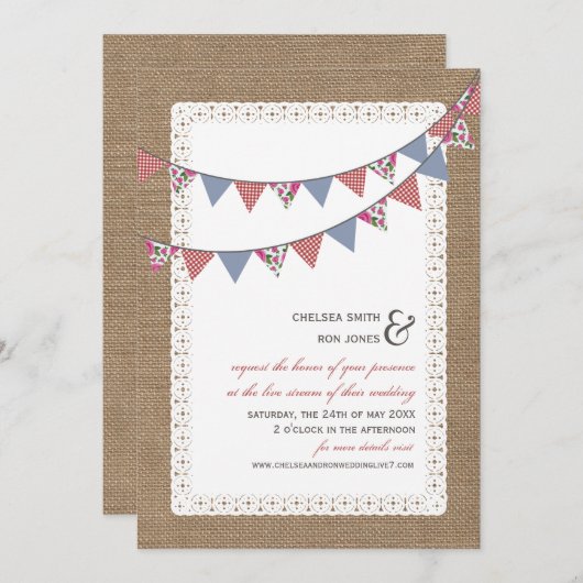 Live Stream Virtual Wedding Lace Burlap Bunting Einladung (Vorne/Hinten)